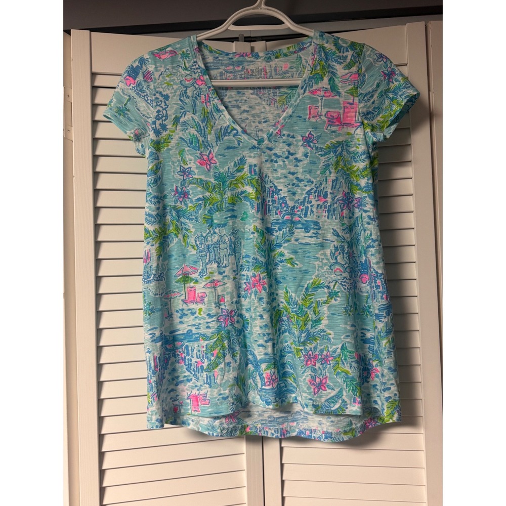 Lilly Pulitzer Women's XXS (fits larger) Blue Pink Tropical Beach Cotton T-Shirt